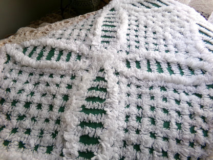 green & white vintage chenille bedspread fabric, 18" x 26" geometric design