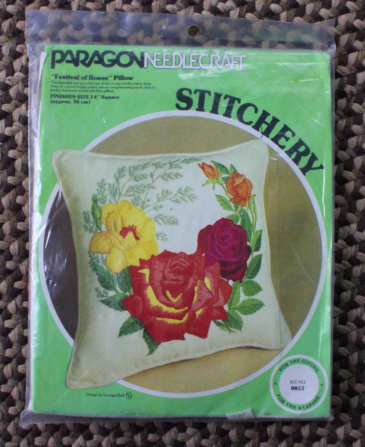 Crewel FESTIVAL OF ROSES Pillow Kit, Paragon Needlecraft Stitchery Kit #0857, Finishes 14" inch Square, Design by Georgia Ball 1978