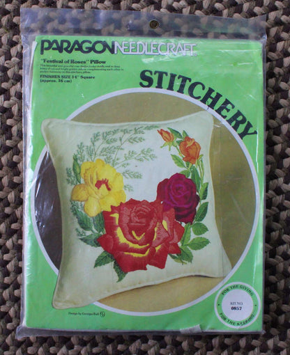 Crewel FESTIVAL OF ROSES Pillow Kit, Paragon Needlecraft Stitchery Kit #0857, Finishes 14" inch Square, Design by Georgia Ball 1978