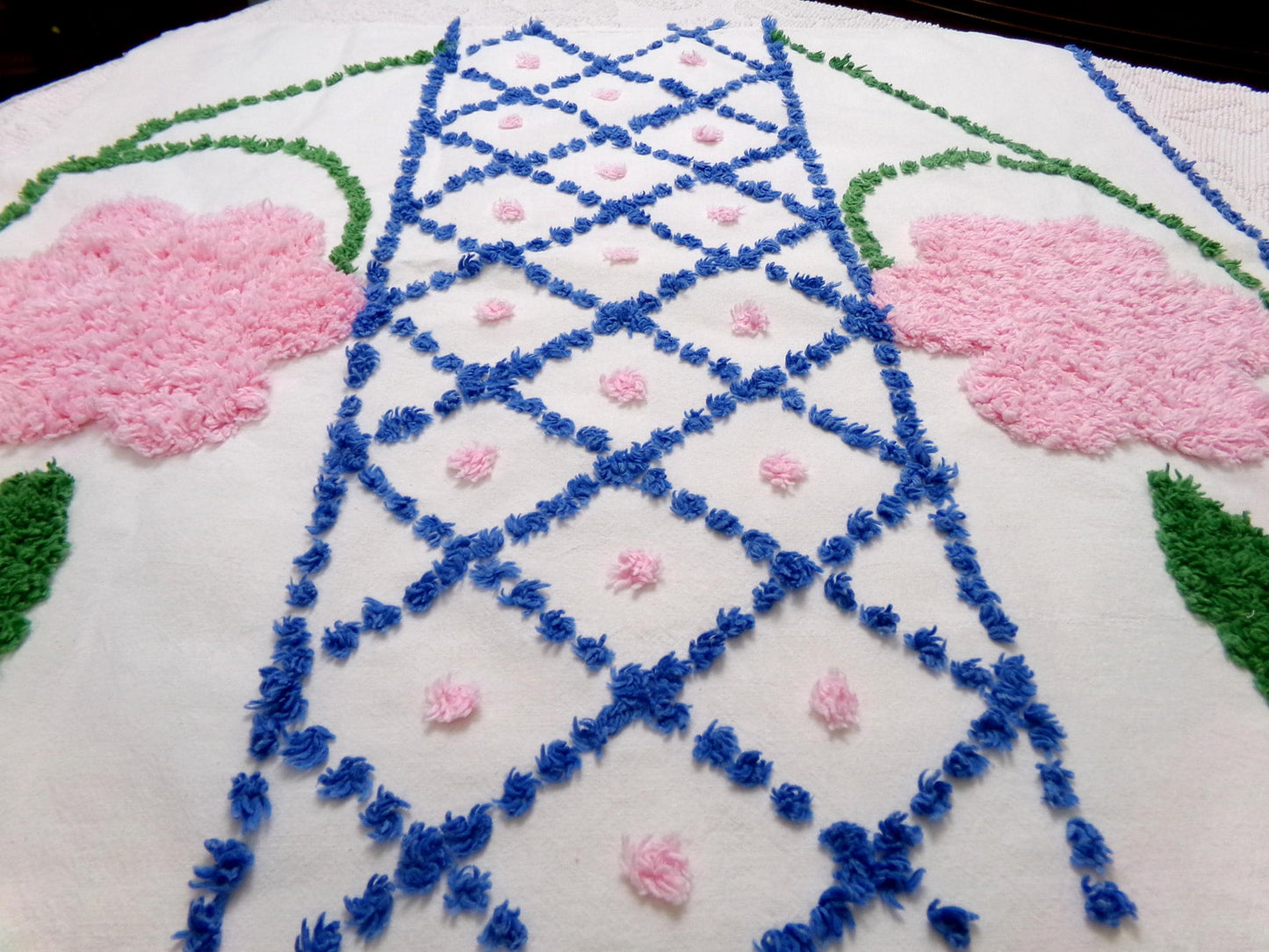 Vintage Chenille Bedspread Fabric White Pink Floral Blue Lattice Trellis Cottage 24x23"