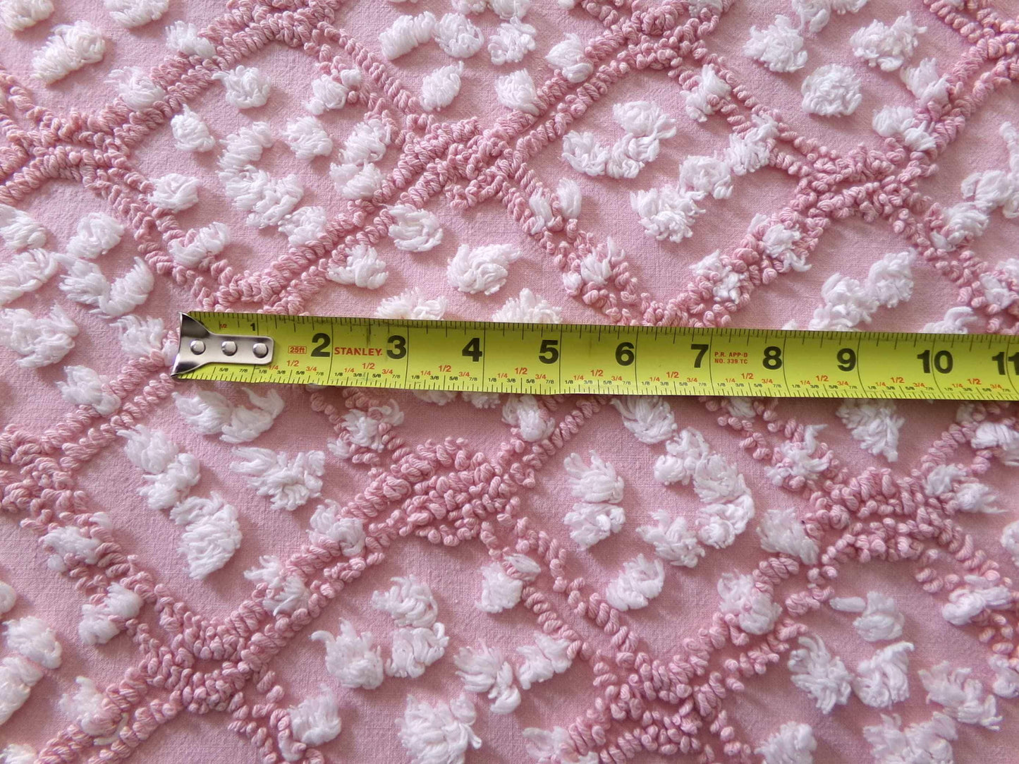 rose pink vintage chenille fabric, tumbling block mauve & white geometric design, 28" x 22" piece sewing material