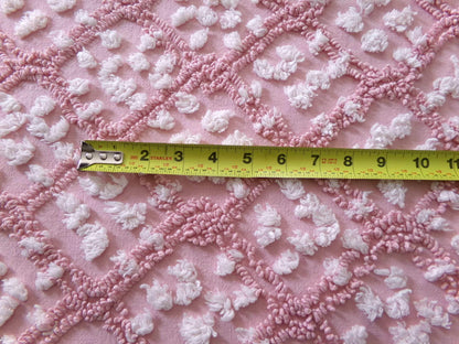 rose pink vintage chenille fabric, tumbling block mauve & white geometric design, 28" x 22" piece sewing material