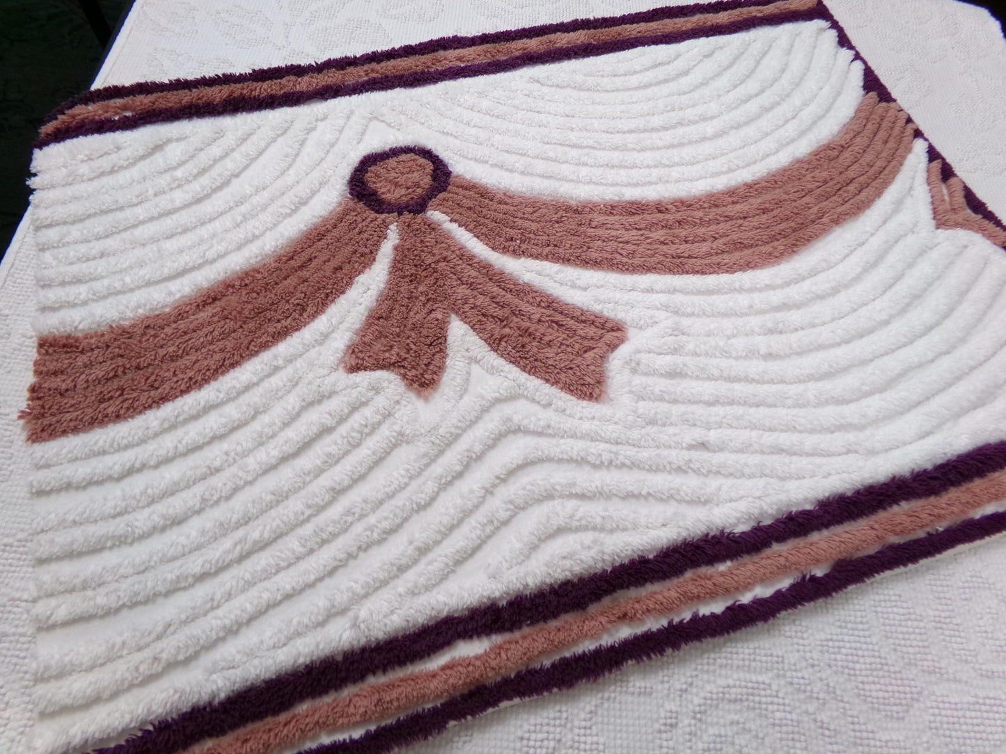 Luxury Plush Vintage Chenille Bedspread Fabric, Bow Swag White Swirl Sewing Material, 21" x 27"