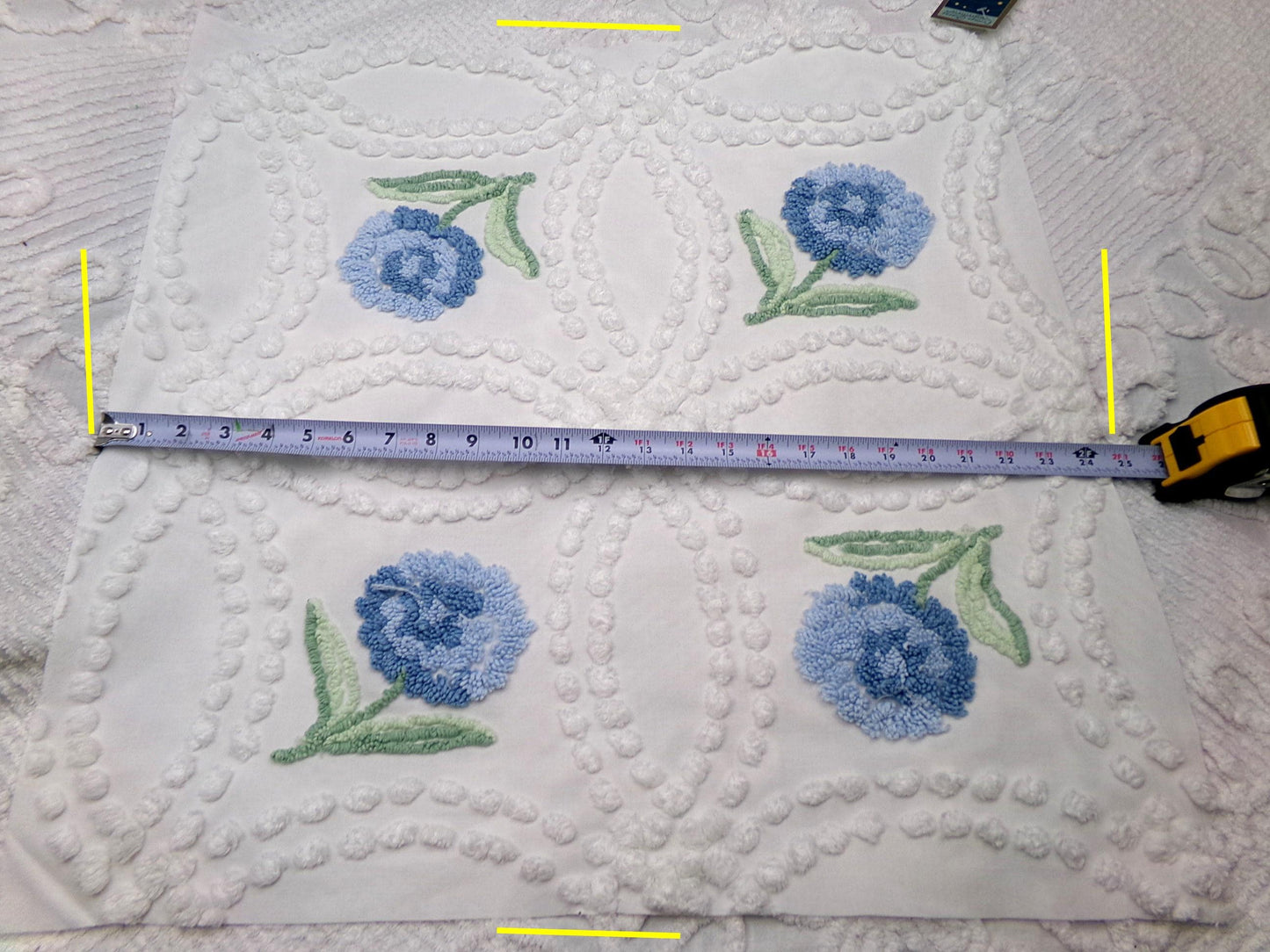 Plush Blue Mum Vintage Chenille Fabric, Tufted Floral on White Cotton 23" x 23" Piece of Sewing Material