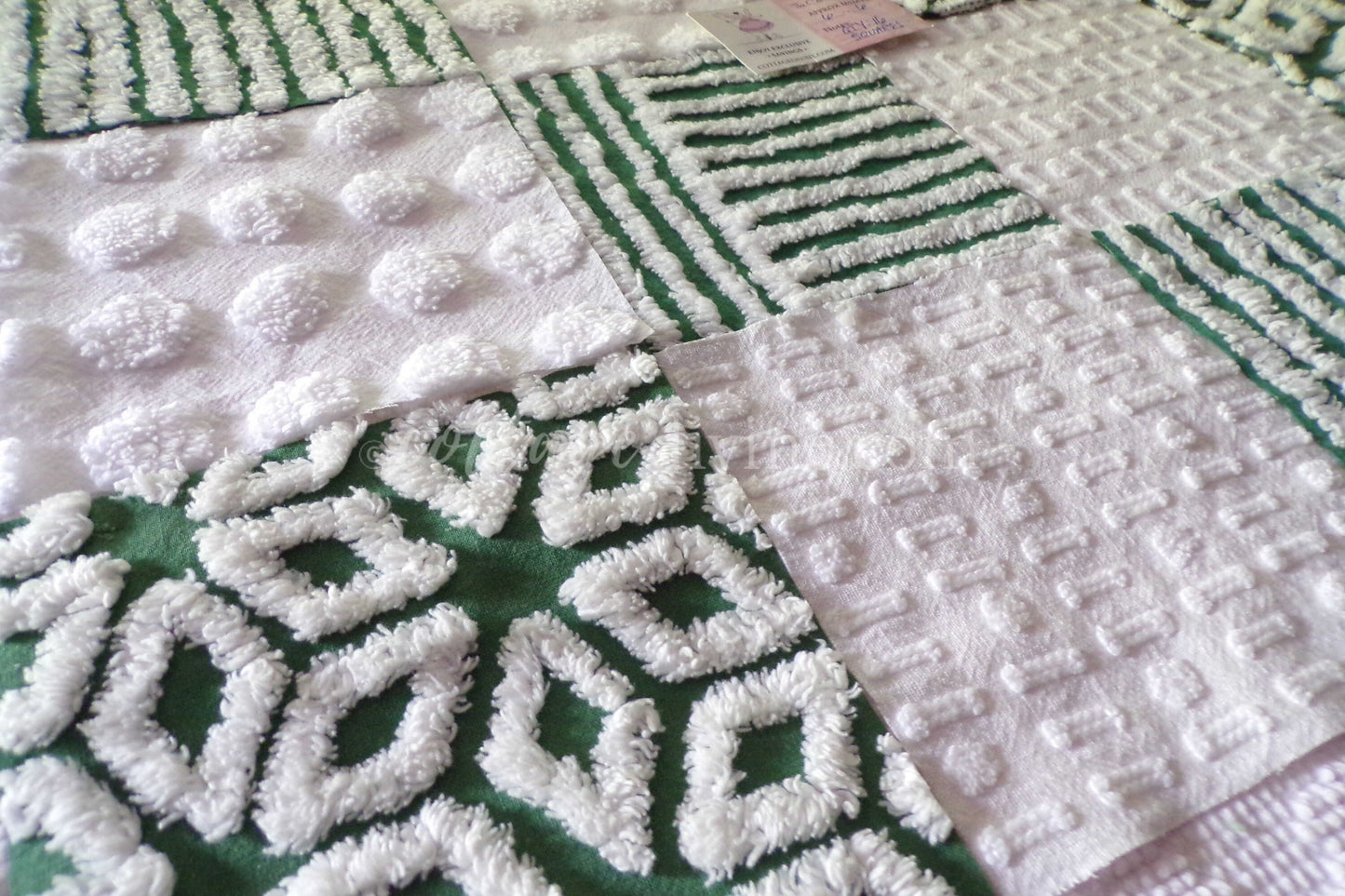 First Snowfall Quilt Squares Set, from Vintage Chenille Bedspread Fabric, 16 Blocks, 6" x 6" inch, Evergreen & White