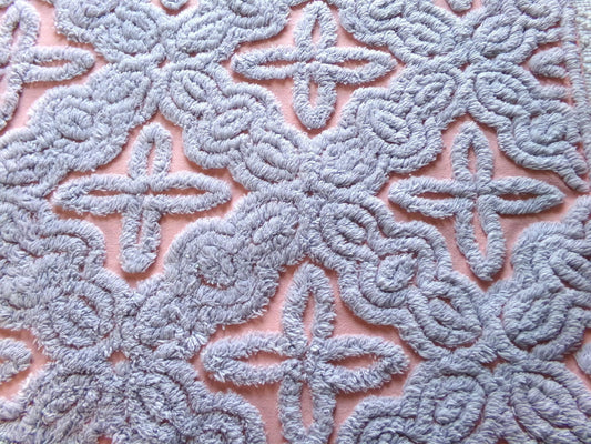 mystic star vintage chenille fabric, plush dusty blue on dreamy pink cotton, for quilting & crafts, 25" x 18" cut piece