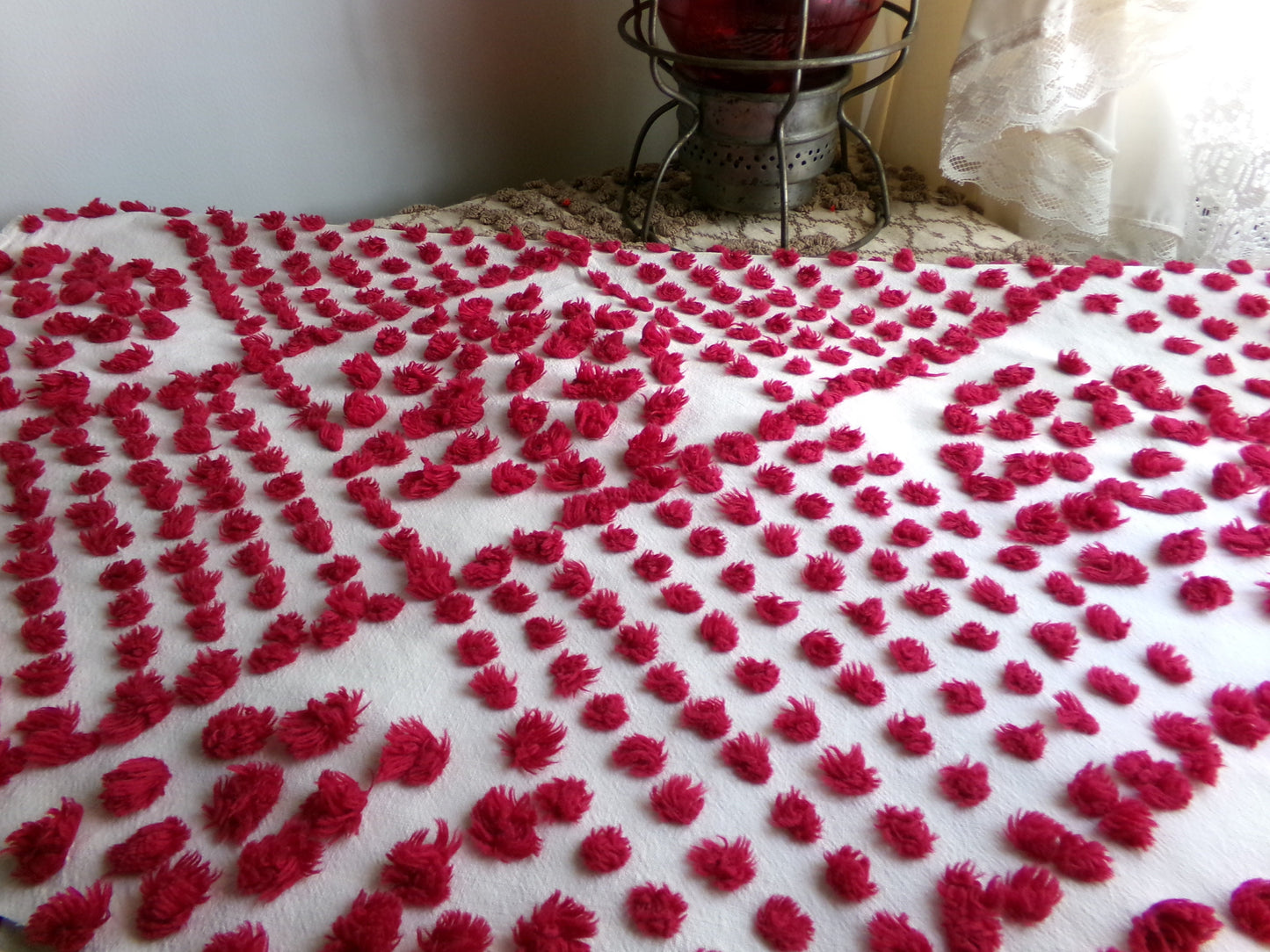 Magical "Ruby Slippers" Red Antique Chenille Fabric, 21" x 26" inch Piece, Vintage Handtuft Diamond Circle Puffs in Red Wine on White Cotton