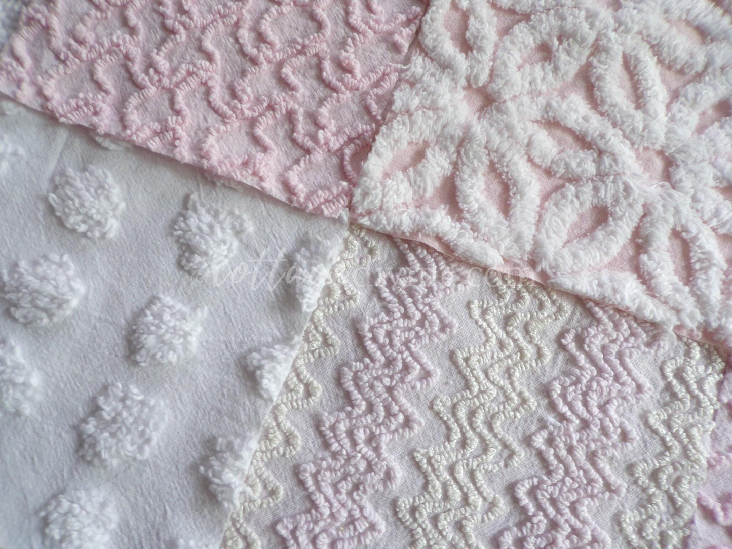 Dainty Pinks Chenille Quilt Squares Set from Vintage Bedspread Fabric, 16 Blocks, 6" x 6" inch