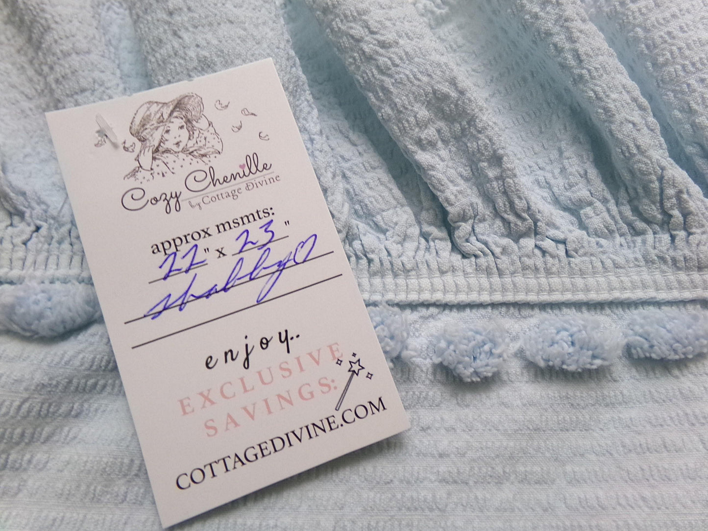 powder blue vintage chenille fabric, tufted dots on cotton seersucker, 22" x 23" piece