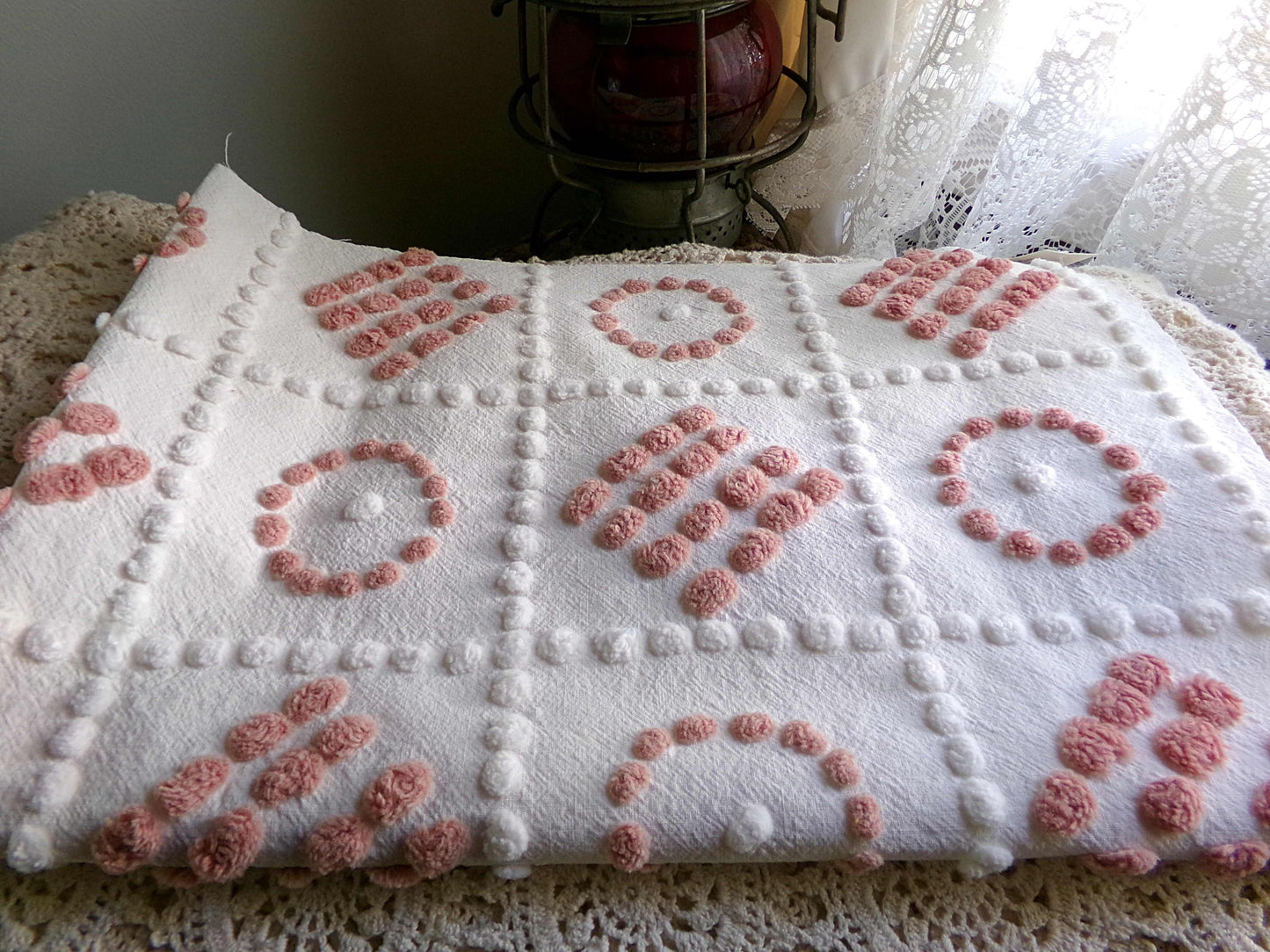 Checkerboard Circle Square Pops Chenille Fabric, 26" x 19" piece, Handmade Vintage Textile for Quilting, DIY Pillows, Fiber Arts & Crafts