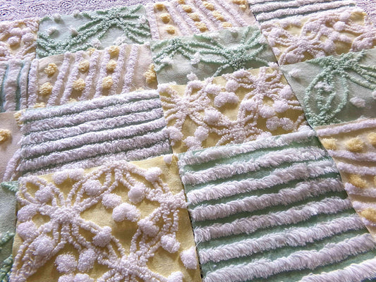 Fern & Flora Vintage Chenille Fabric Squares Set of 17 Blocks, 6" inch ea, Cheery Stripes, Dots Geometric Designs