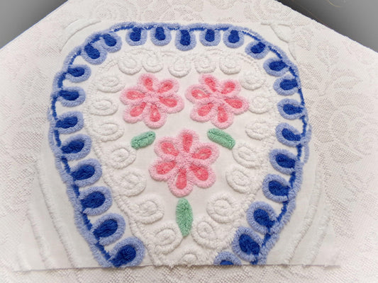 Sweetheart Floral Vintage Chenille Fabric, Pink & Blue Sewing Material 17.5" x 17" Piece