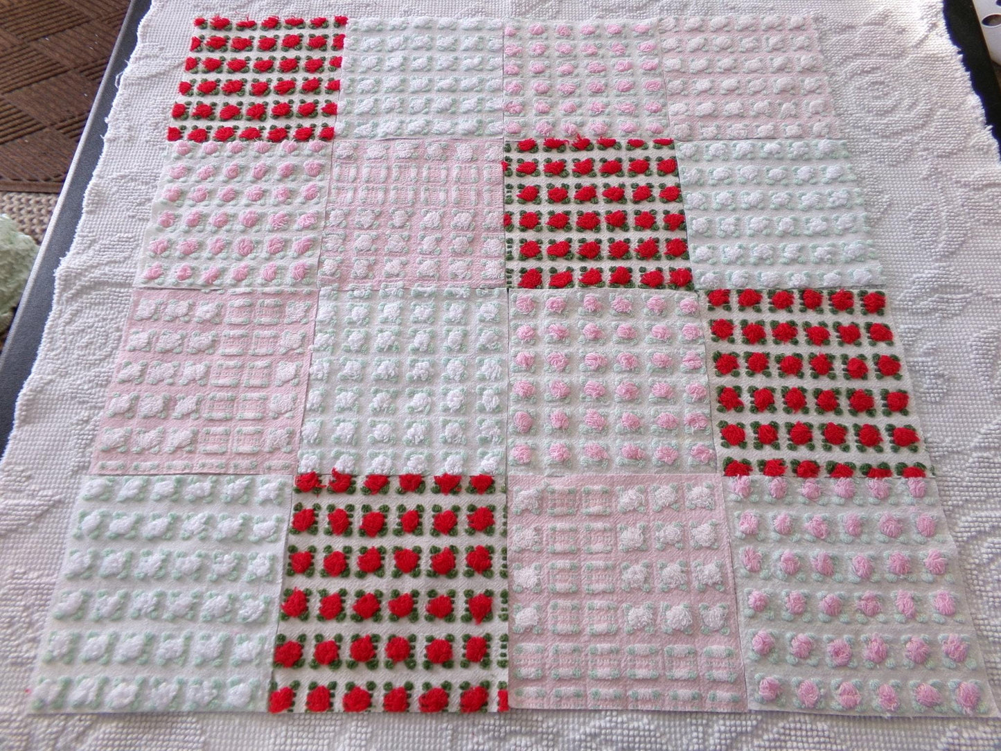 romantic rosebuds vintage chenille fabric squares, gorgeous medley of pink, red, white roses, set of 16 quilt blocks, 6" x 6" inch