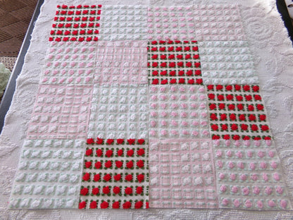 romantic rosebuds vintage chenille fabric squares, gorgeous medley of pink, red, white roses, set of 16 quilt blocks, 6" x 6" inch