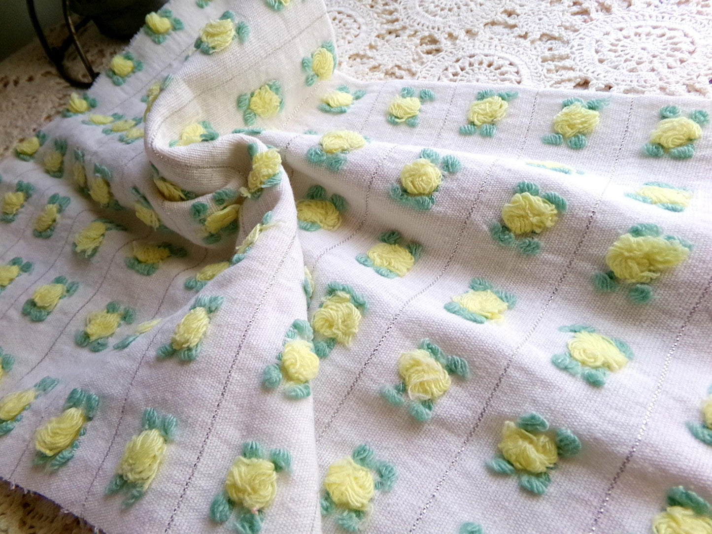 vibrant yellow rosebud vintage chenille fabric, Bates rose design silver lurex 18" x 21" piece