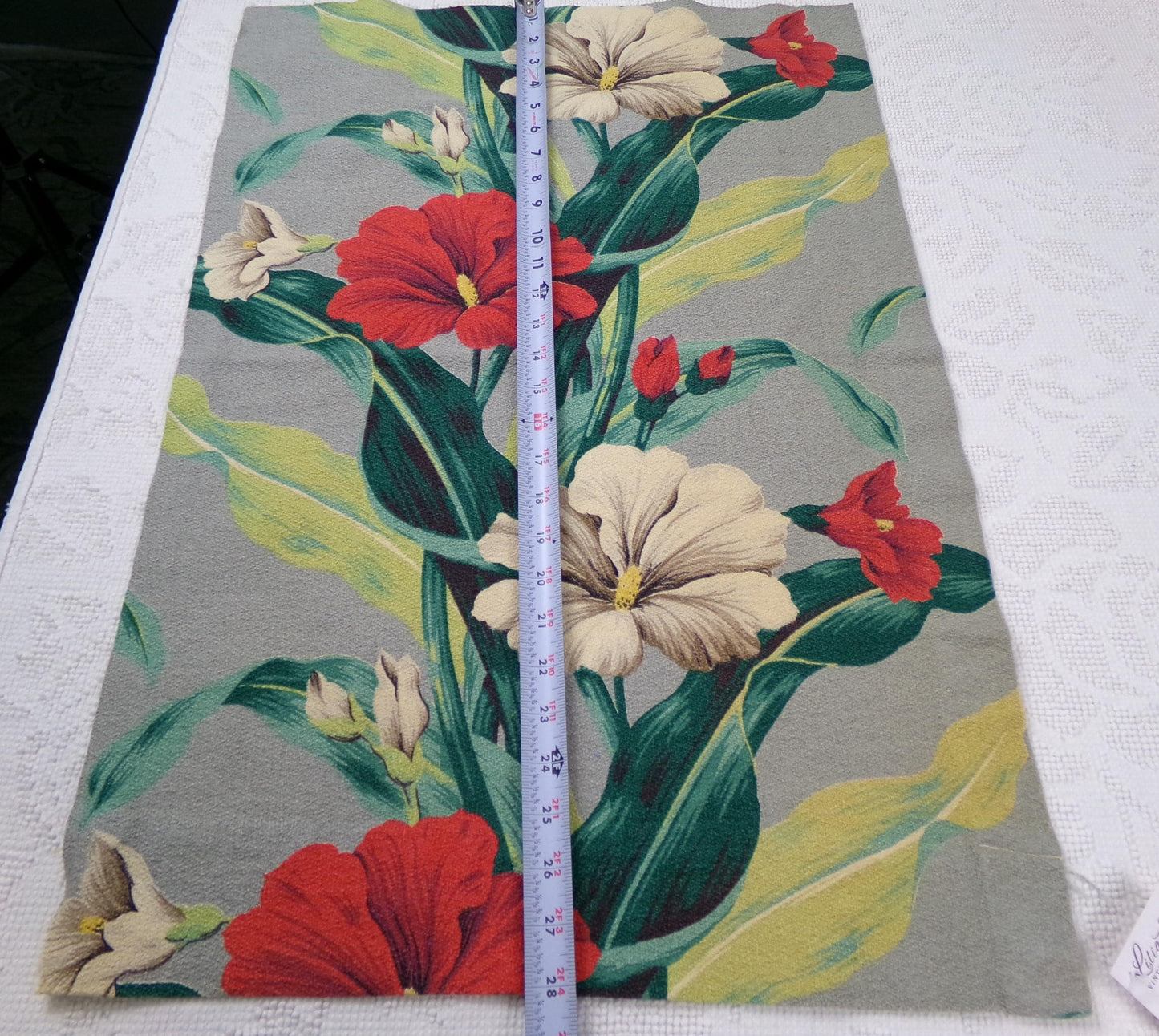 Hawaiian Barkcloth Vintage Fabric, Gray Tropical Red Hibiscus Floral Mid-Century 27" x 18"