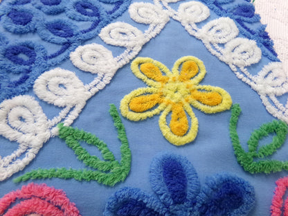 Vintage Chenille Bedspread Fabric, Boho Coastal Blue & White 16" x 23" Piece Sewing Material