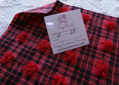 Midnight Black Tartan Plaid Vintage Chenille Bedspread Fabric, Tufted Deep Red Dots, 18" x 24" inch Piece, Lightweight Quilt Material