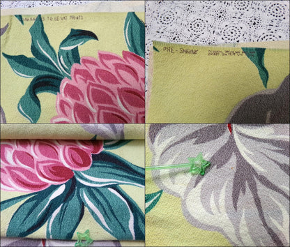 Vintage Barkcloth Fabric, Bold Pink Ginger Bloom Florals, Gray Tropical Elephant Ears 21" x40"