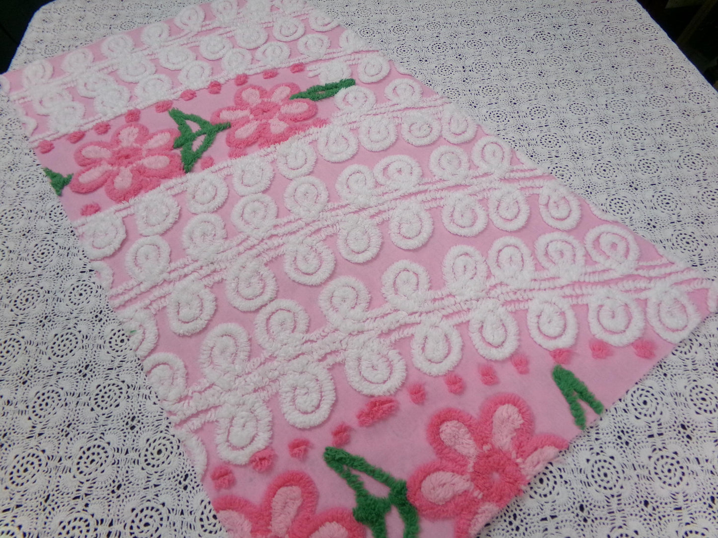 Peeking Pink Flowers Vintage Chenille Bedspread Fabric, 15" x 26" piece