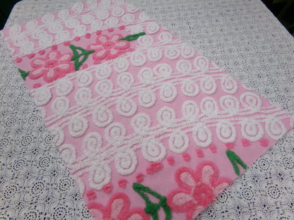 Peeking Pink Flowers Vintage Chenille Bedspread Fabric, 15" x 26" piece