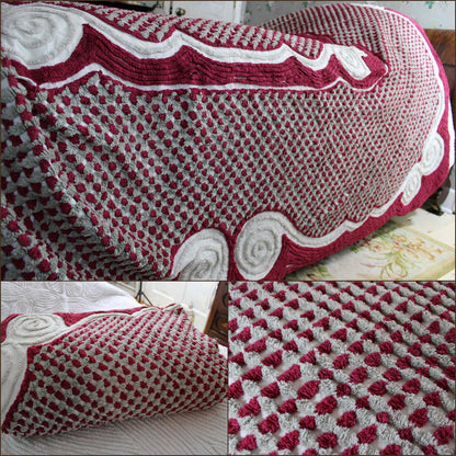 Plush Luxury Chenille Bedspread, Exceptional Vintage Bedding in Ice Grey, Berry Red & Dove Gray, Heavyweight FULL Size Bedding