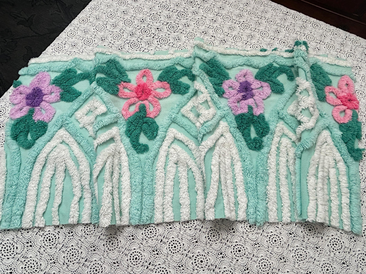 Seafoam Green Vintage Chenille Fabric, Plush Tropical Flowers 13x34" Piece