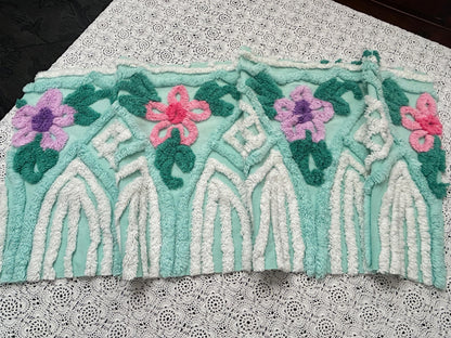 Seafoam Green Vintage Chenille Fabric, Plush Tropical Flowers 13x34" Piece