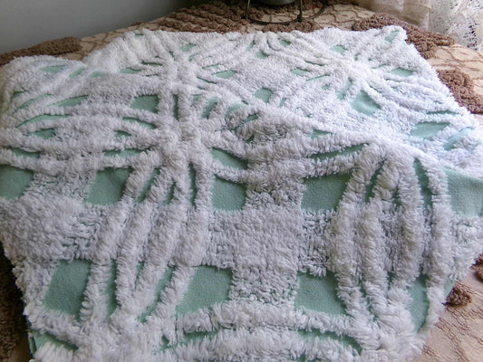mint green vintage chenille fabric, plush white spider tufting, 19" x 26" piece of quilt material for arts & crafts