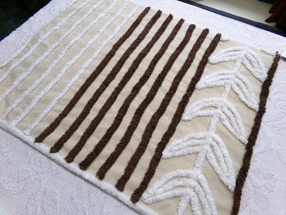 mocha leaf stripe vintage chenille fabric: contrast brown & white striped design, 20" x 24" sewing material for quilting, crafts