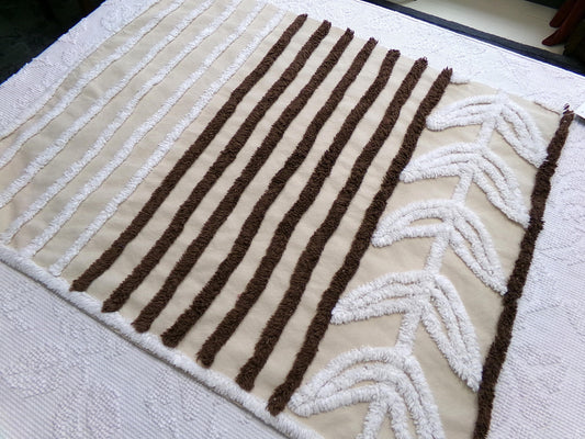 mocha leaf stripe vintage chenille fabric: contrast brown & white striped design, 20" x 24" sewing material for quilting, crafts
