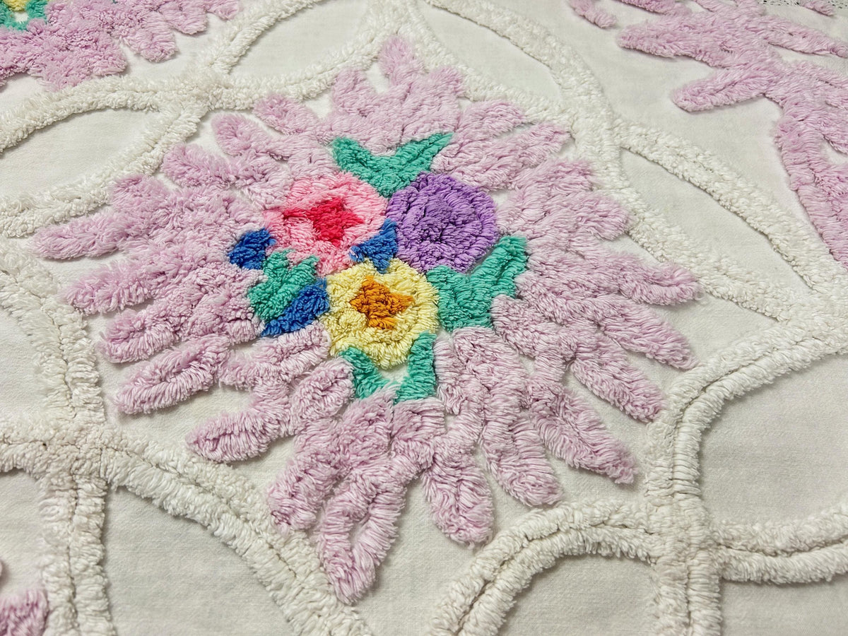 Vintage Chenille Fabric, Lavender Pink Floral Tufted 18x26" Craft Piece