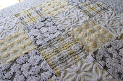 vintage chenille quilt squares, sunshine through clouds, set of 16 grey, white & yellow 6" geometric quilt blocks