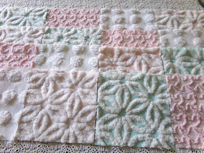 Beautiful Aqua & Pink Chenille Quilt Squares Set from Vintage Bedspread Fabric, 16 Blocks, 6" x 6" inch, Daisy, Squiggle, Polka Dot Patterns