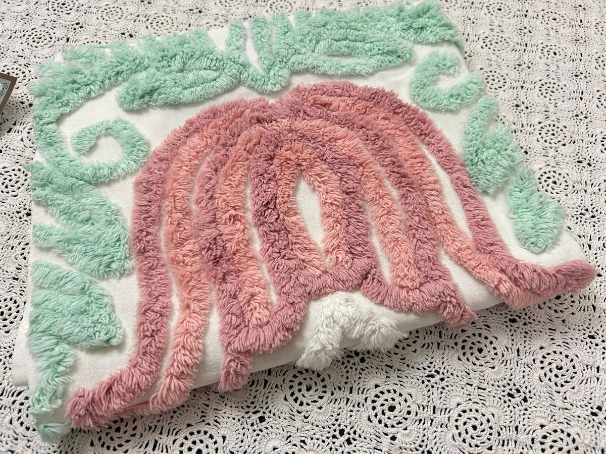 Pink Tulip Vintage Chenille Fabric, Cottage Style 23x20" Craft Textile
