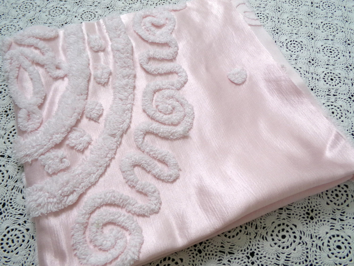 Romantic Pink Vintage Satin Chenille Fabric, Shabby Sewing Material 22" x 23" Piece