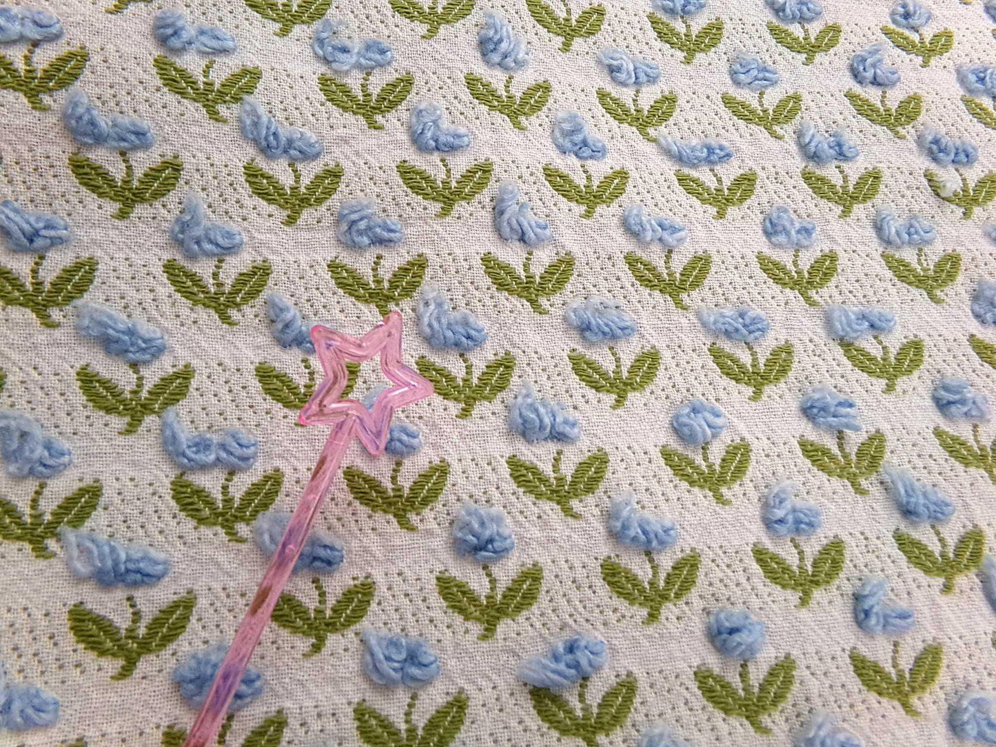 Tulip Garden Vintage Chenille Bedspread Fabric, Little Blue Flowers & Green Leaves, 12" x 24" inch Piece, Sewing Material for Quilts, Crafts