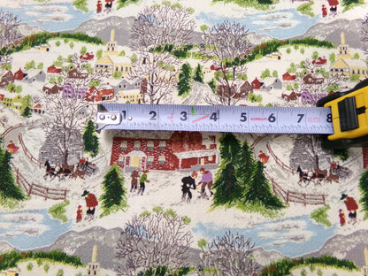 Grandma Moses DEEP SNOW Vintage Barkcloth Fabric, Midcentury Folk Art Winter Scene, 13" x 21"