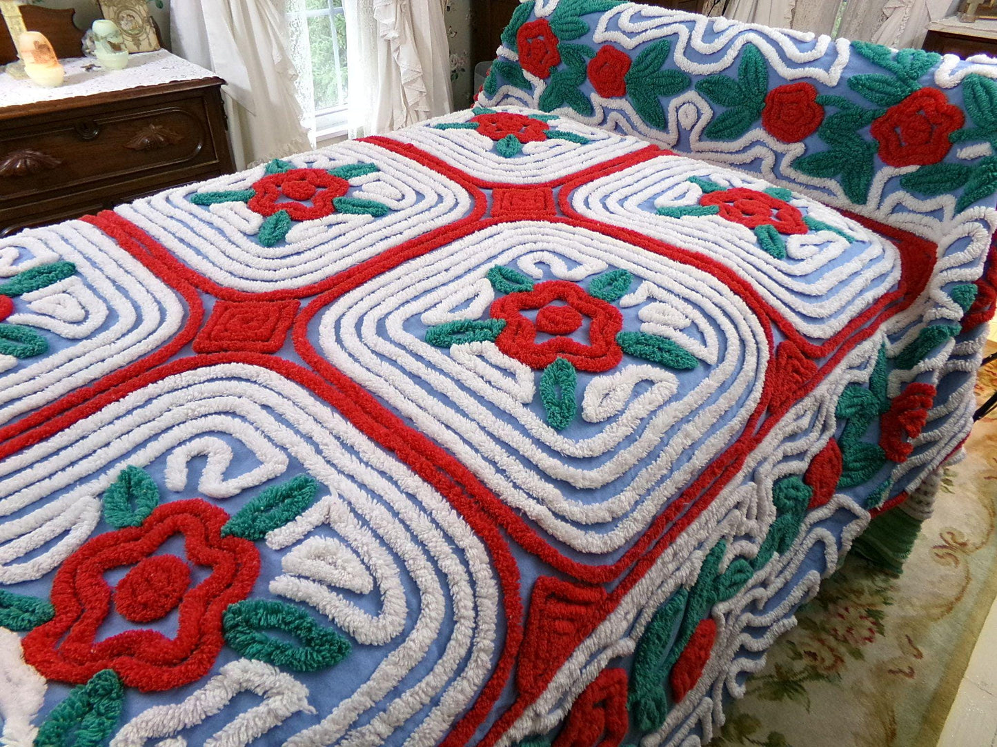midnight in a garden of roses vintage chenille bedspread, red flowers on starry blue with white swirl tufting, full size bedding