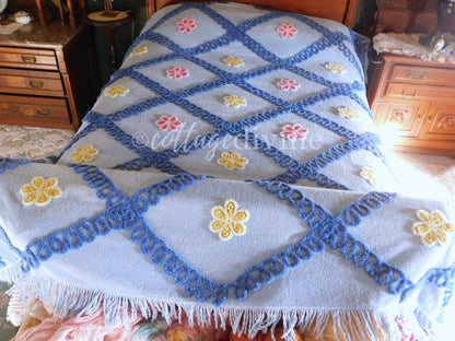 Rare Vintage Chenille Bedspread by IDEAL SPREAD Company, Canada Made Blue Wedding Cake Floral Design, Full Size