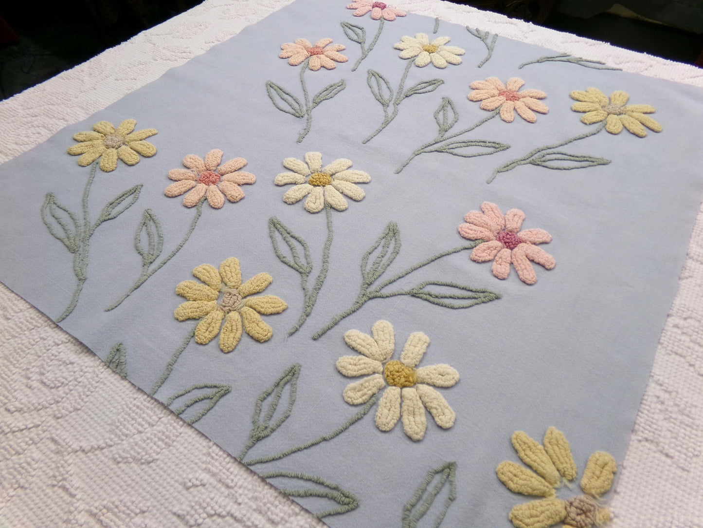 Cascading Daisy Vintage Chenille Fabric, Blue Floral Sewing & Quilt Material 23" x 24" Piece