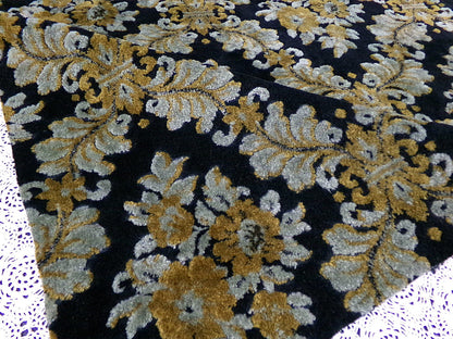 Vintage Damask Velvet Fabric Opulent Soot Black & Silver Grey Gold Upholstery Weight Small Pc 23x25"