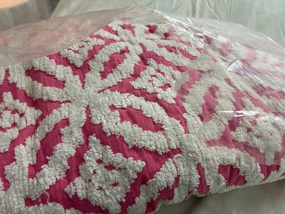 Rose Pink Vintage Chenille Bedspread White Geometric Wedding Rings, FULL Size NOS