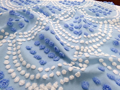 Blue Shell Scallops Vintage Chenille Bedspread Fabric Coastal Pops 24x26"