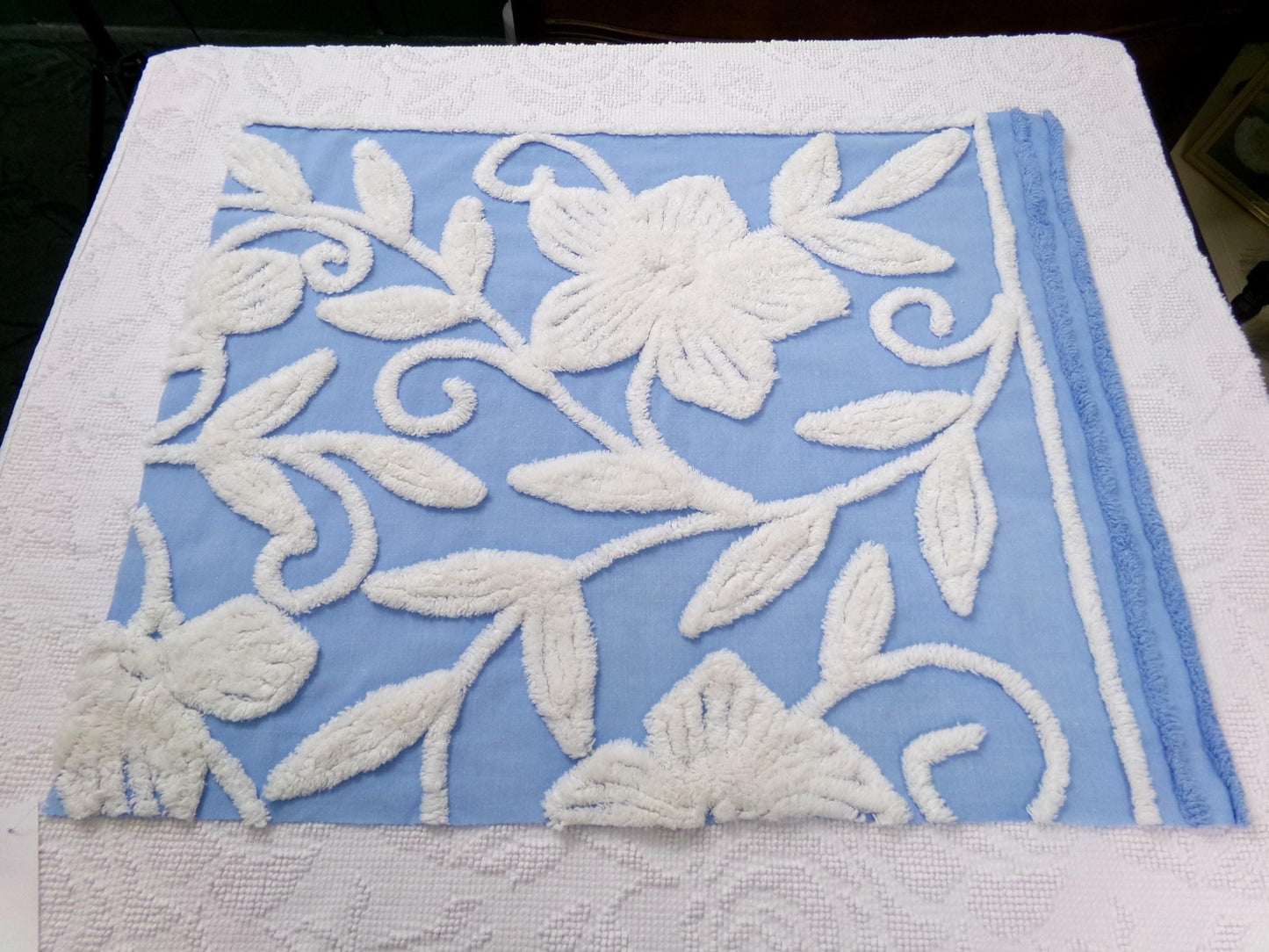 Vintage Chenille Fabric Piece, White Botanical Floral on Sky Blue, 21" x 24" Sewing Material