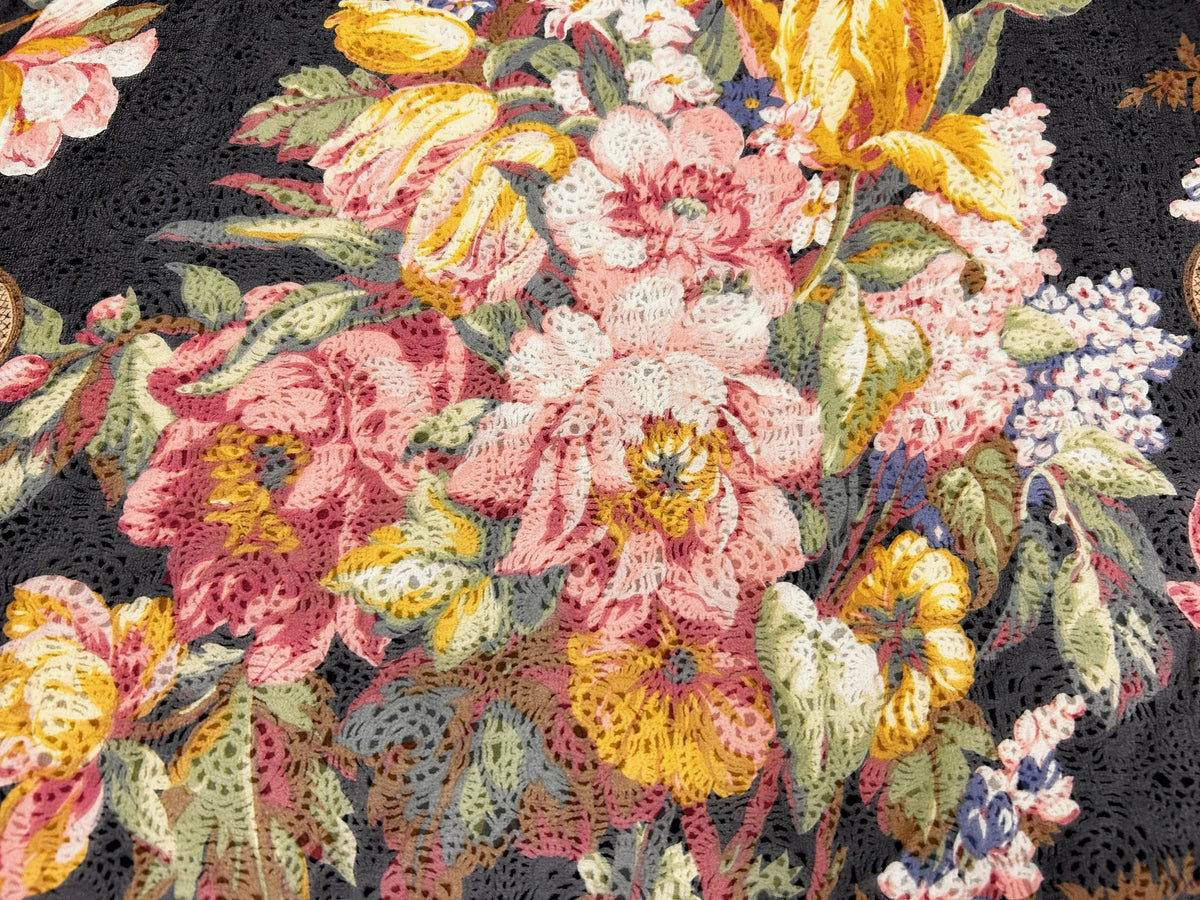 Vintage Ralph Lauren Sheer Scarf Black Floral Tulips Peonies Paisley Border