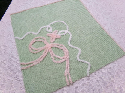 Soothing Mint Green Vintage Chenille Fabric Pink Lily Bow, 17" x 18"