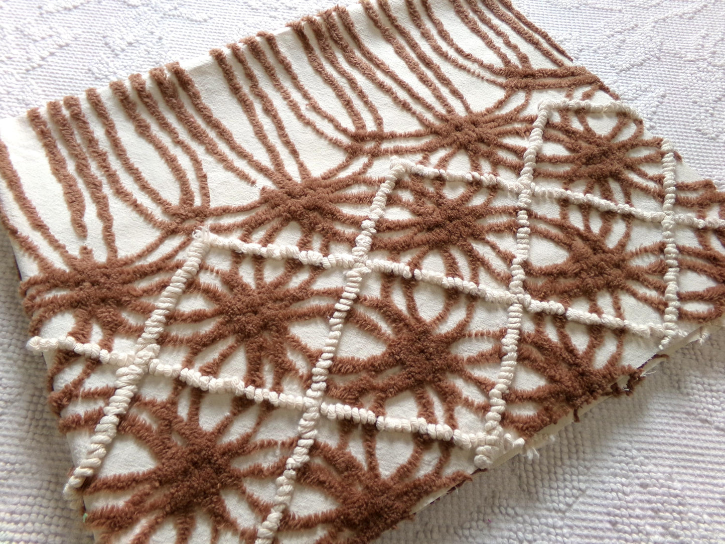 shabby cozy brown vintage chenille fabric, contrast stripe spider tuft design, 23" x 29" piece sewing & quilt material