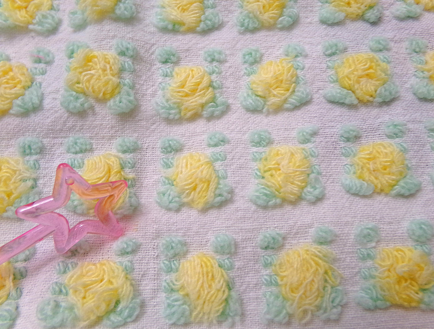 yellow rosebud vintage chenille fabric, lemon tufted rose sewing quilt material 18x24"