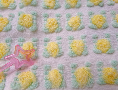 yellow rosebud vintage chenille fabric, lemon tufted rose sewing quilt material 18x24"